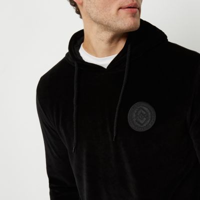 Black velour logo hoodie